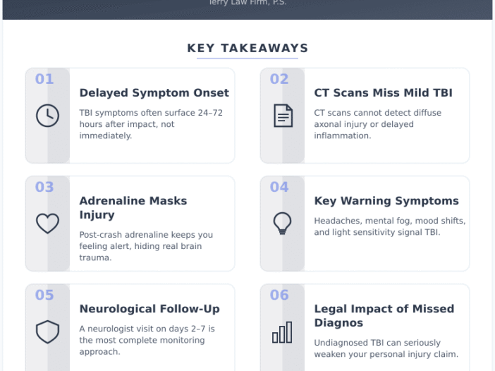 Infographic: TBI After a Car Accident: The Symptoms Most ERs Miss in the First 72 Hours - Key concepts and takeaways